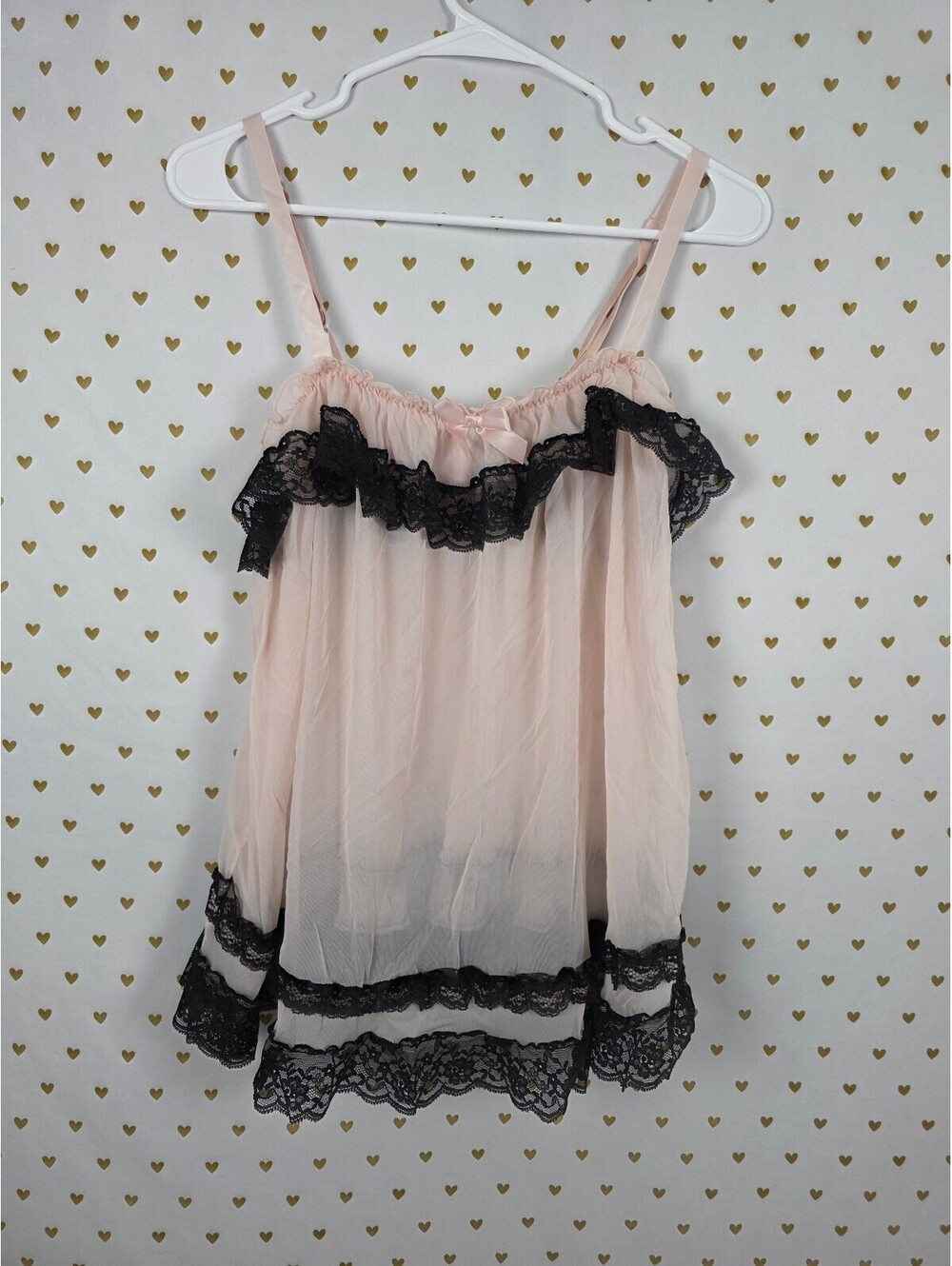 Victorias Secret Sheer Ruffled Blush Lace Accent Babydoll Nightie Lingerie SMALL